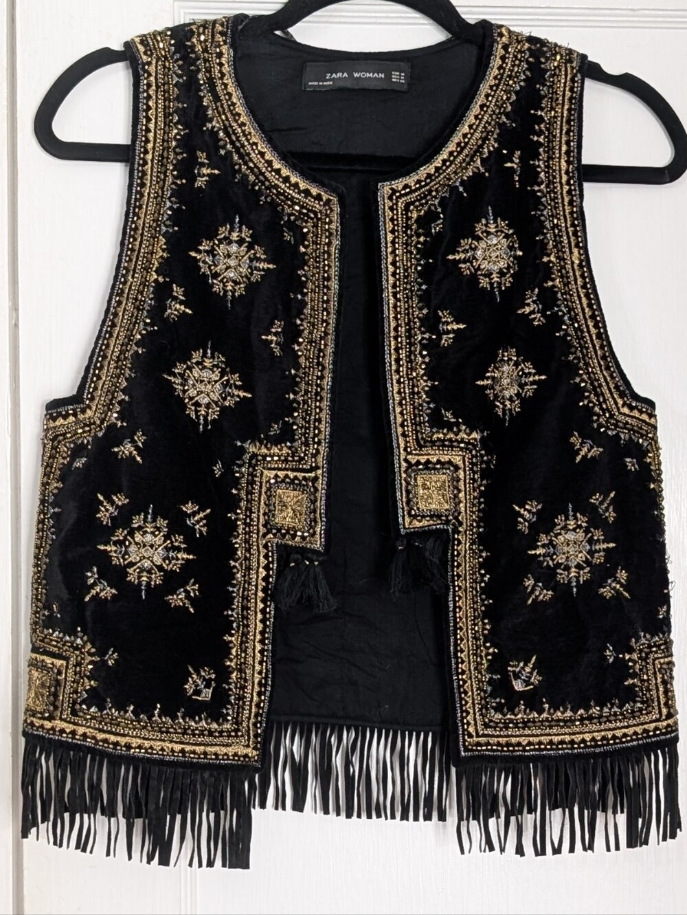 Zara Limited Edition Women's M Waistcoat Black Gold Embroidered Beaded Fringe